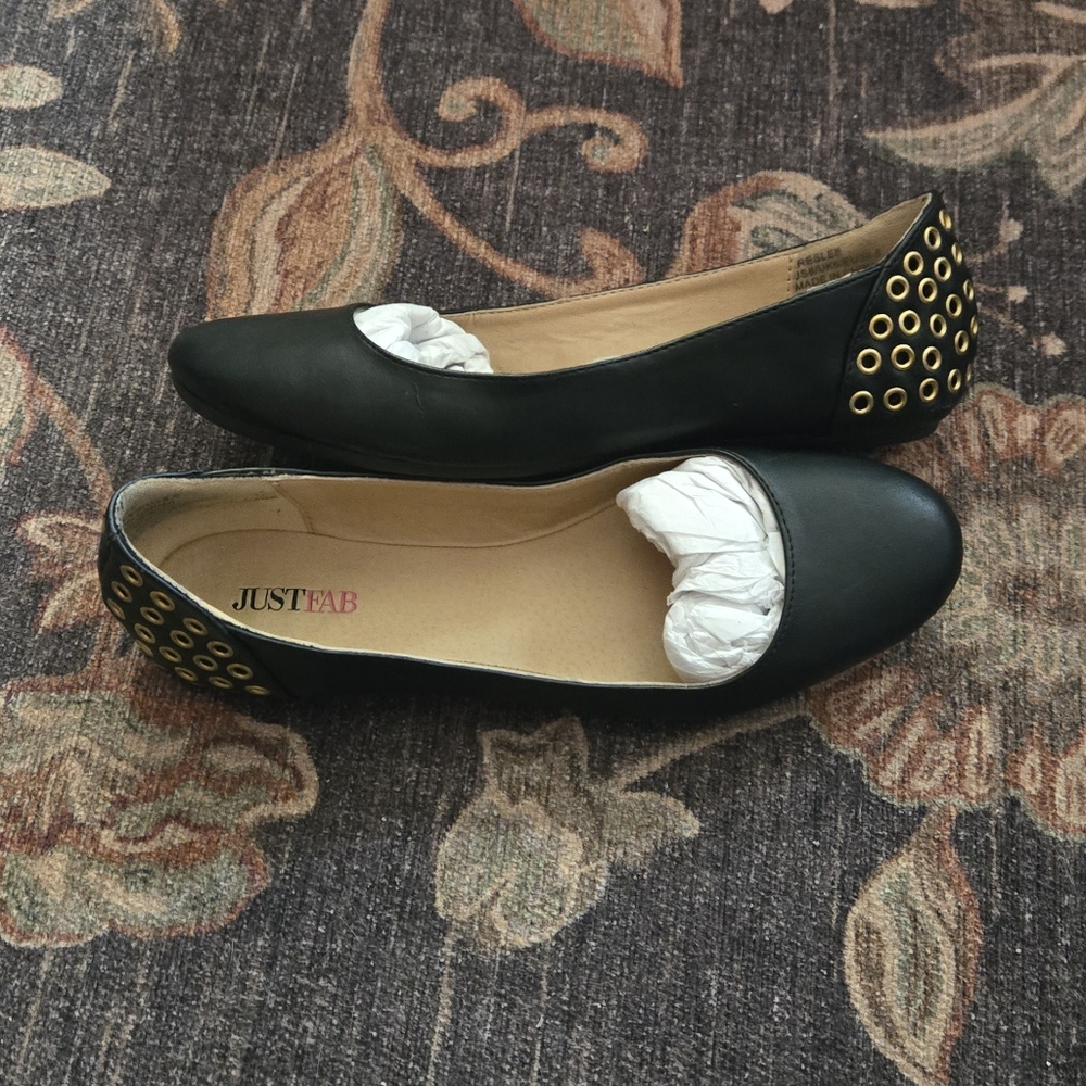 JustFab Black Flats with Gold Eyelet Accents Size 8